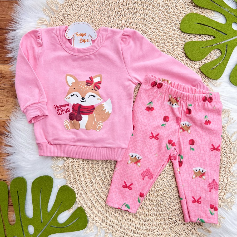 Conj. Casaco de Moletom Pequena Diva e Calça Legging Raposinha e Frutinhas - Rosa